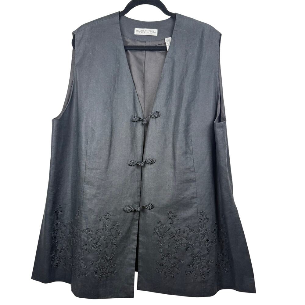 Valerie Stevens Pure Linen Embroidered Frog Closure Vest Women Plus 24W Vintage